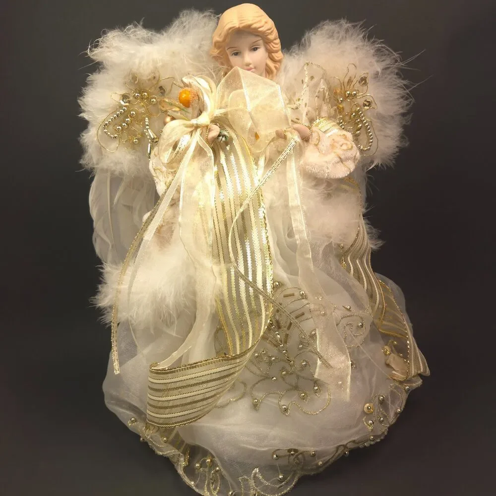 Elegant Cream & Gold Angel Tree Topper Feather Wings Christmas 11.5